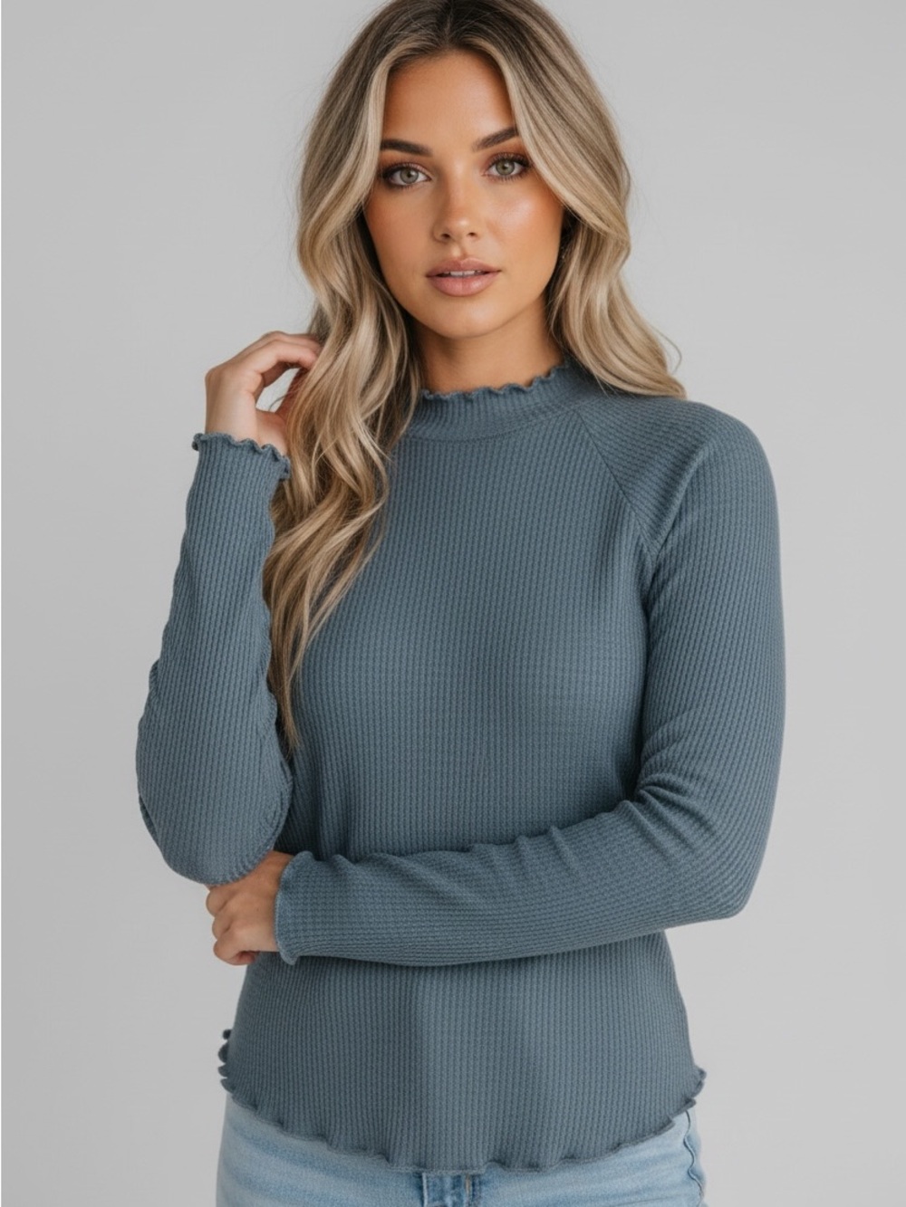 Free People Skyline Thermal Turtleneck Top Teal Green L NWOT